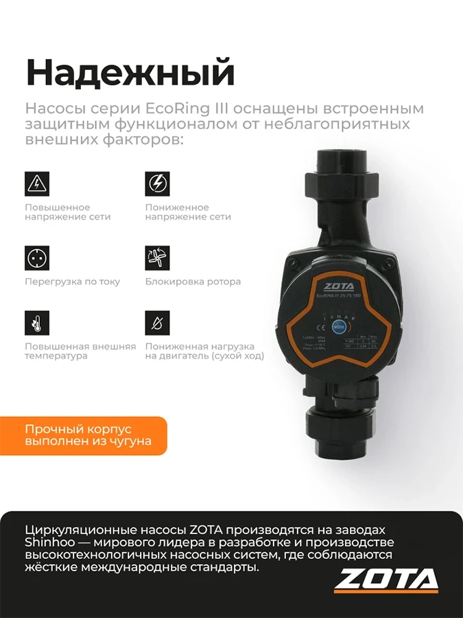Насос ZOTA EcoRING III 25/75 180 с гайками