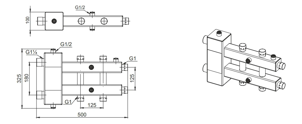 Гидроразделитель с коллектором горизонтальный, двухсторонний, 6 контуров, до 70 кВт