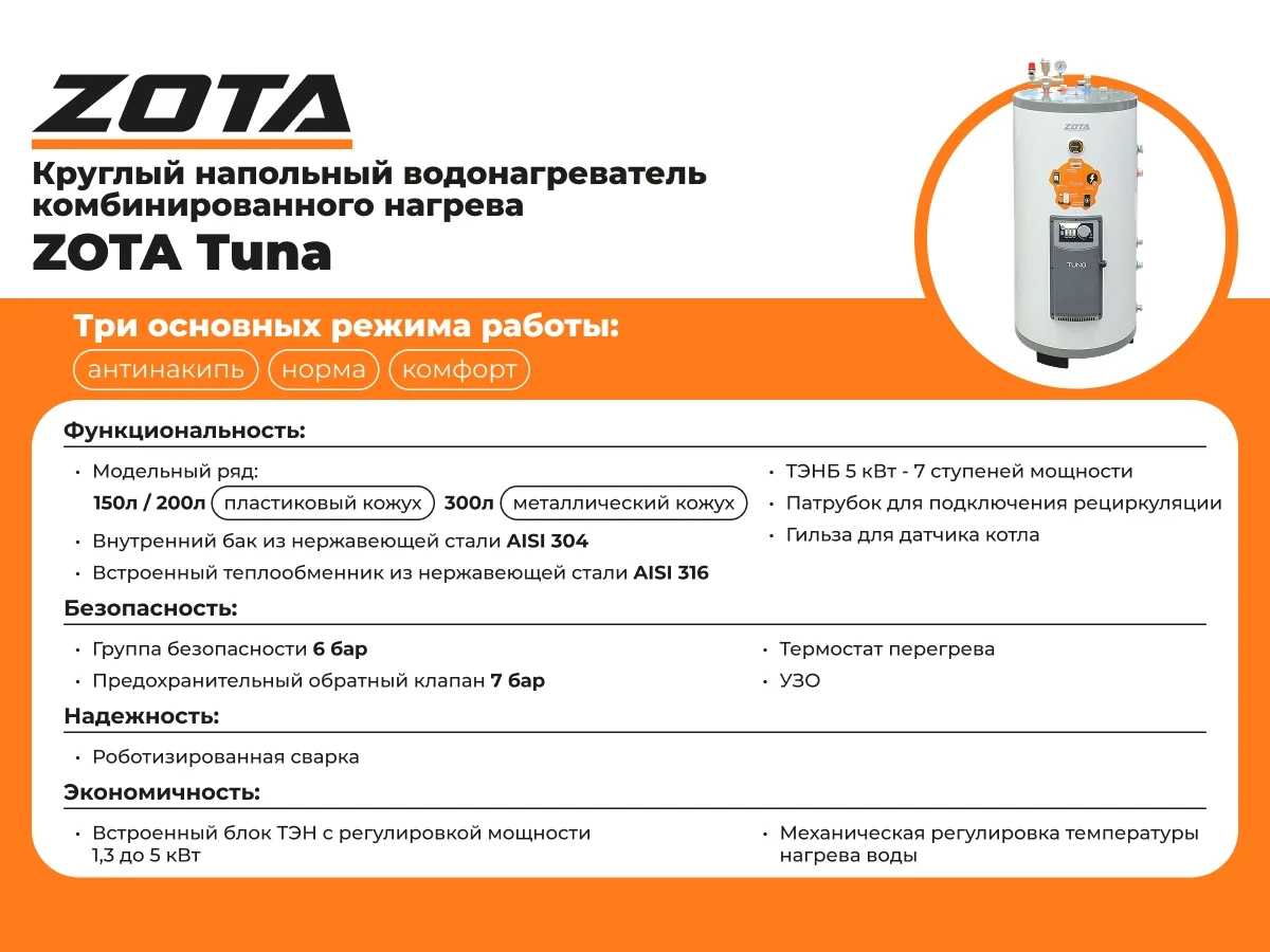 Водонагреватель с теплообменником и ТЭНом ZOTA TUNA 300