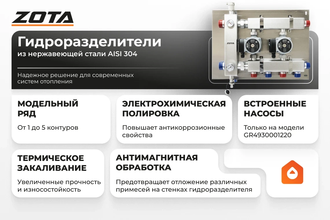 Гидроразделитель нерж. с коллектором горизонтальный, односторонний, 4 контура