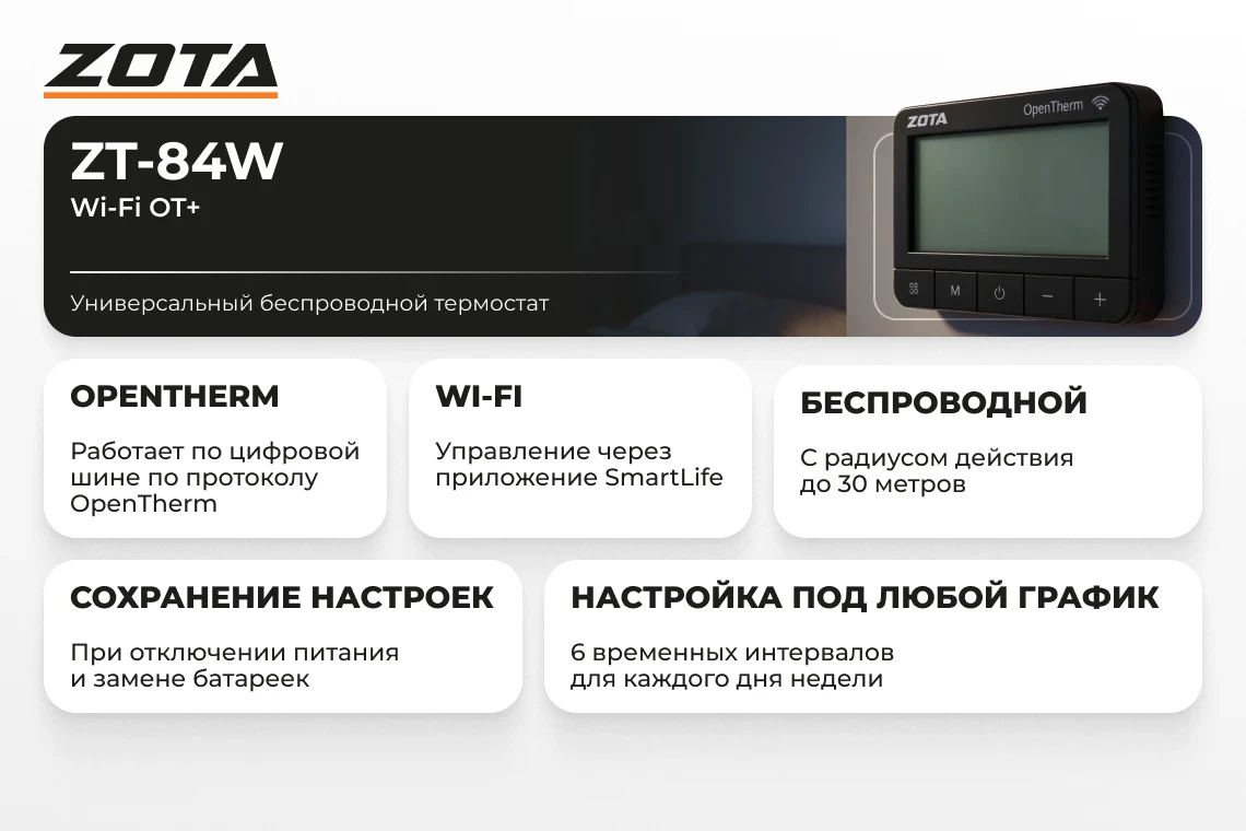 Термостат  комнатный беспроводной ZOTA ZT-84W Wi-Fi OT+