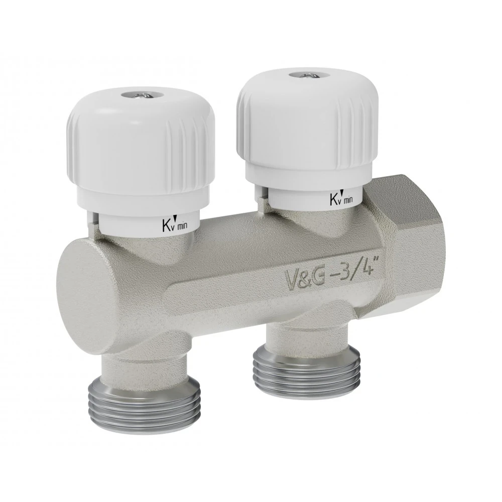 Коллектор регулируемый тупиковый с вентильной регулировкой 3/4" c 2-мя выходами 3/4" VALOGIN