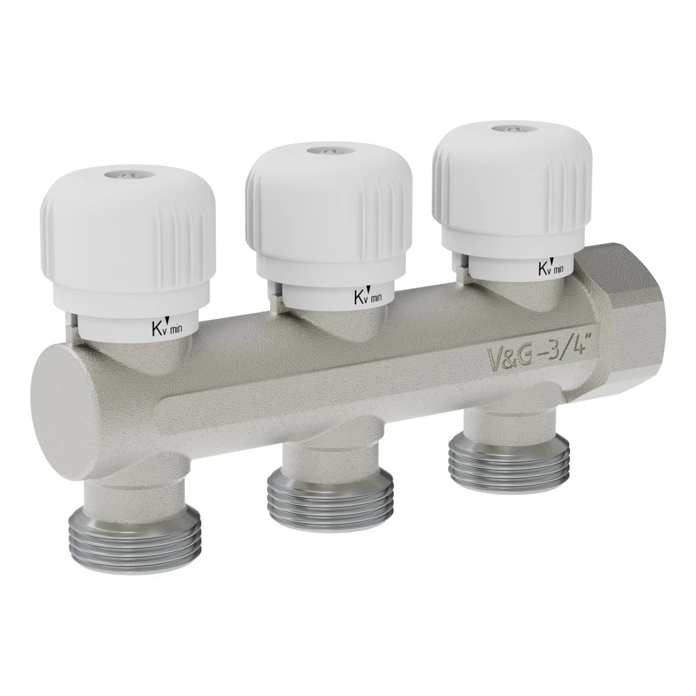 Коллектор регулируемый тупиковый с вентильной регулировкой 3/4" c 3-мя выходами 3/4" VALOGIN
