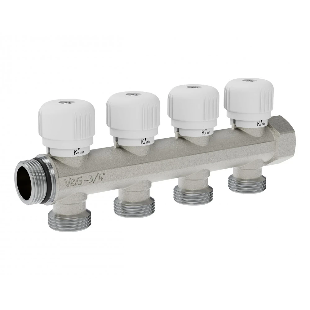Коллектор регулируемый с вентильной регулировкой 3/4" c 4-мя выходами 3/4" VALOGIN